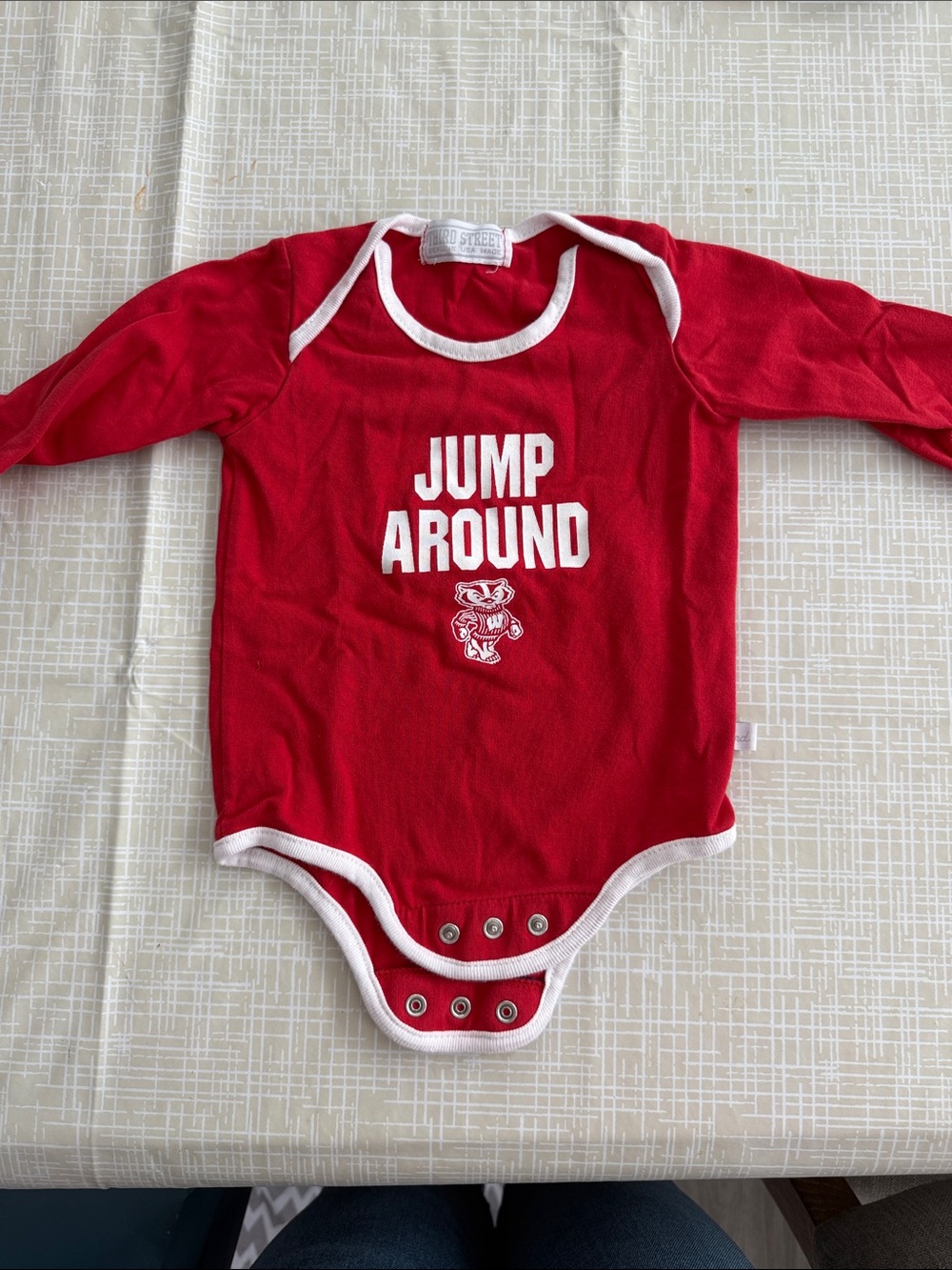 Red 'Jump Around' Long-Sleeve Baby Bodysuit with White Trim